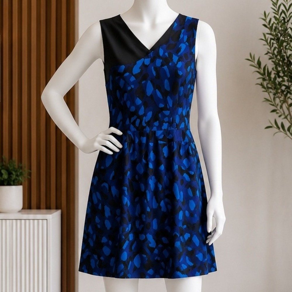 Matthew Williamson Women Dress Blue Black Abstract Sleeveless V-Neck Sheath 10